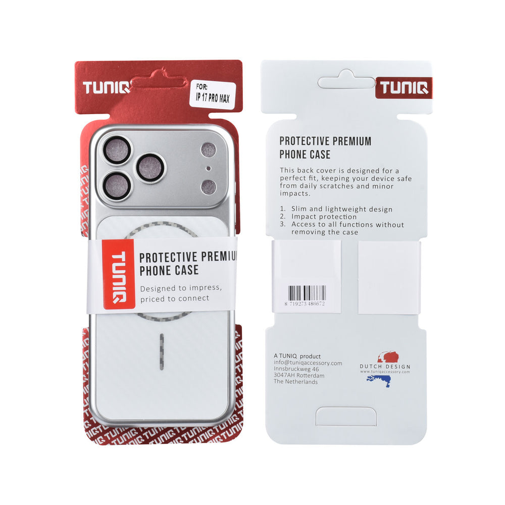 Voor- en achterkant van verpakking van zilverkleurig TUNIQ telefoonhoesje met diagonaal patroon en ring