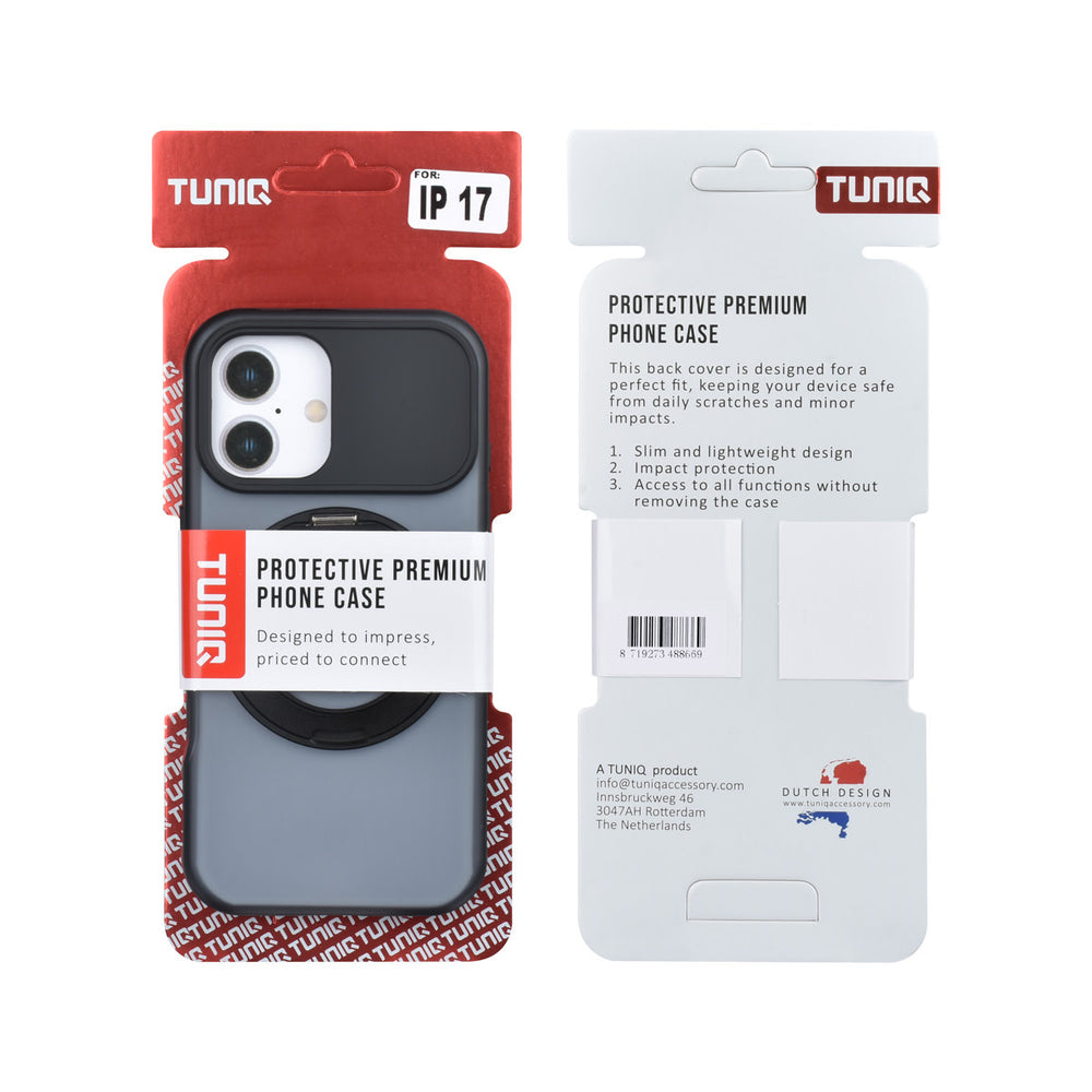 Voor- en achterkant van verpakking van zwart TUNIQ telefoonhoesje met glanzende ringstandaard