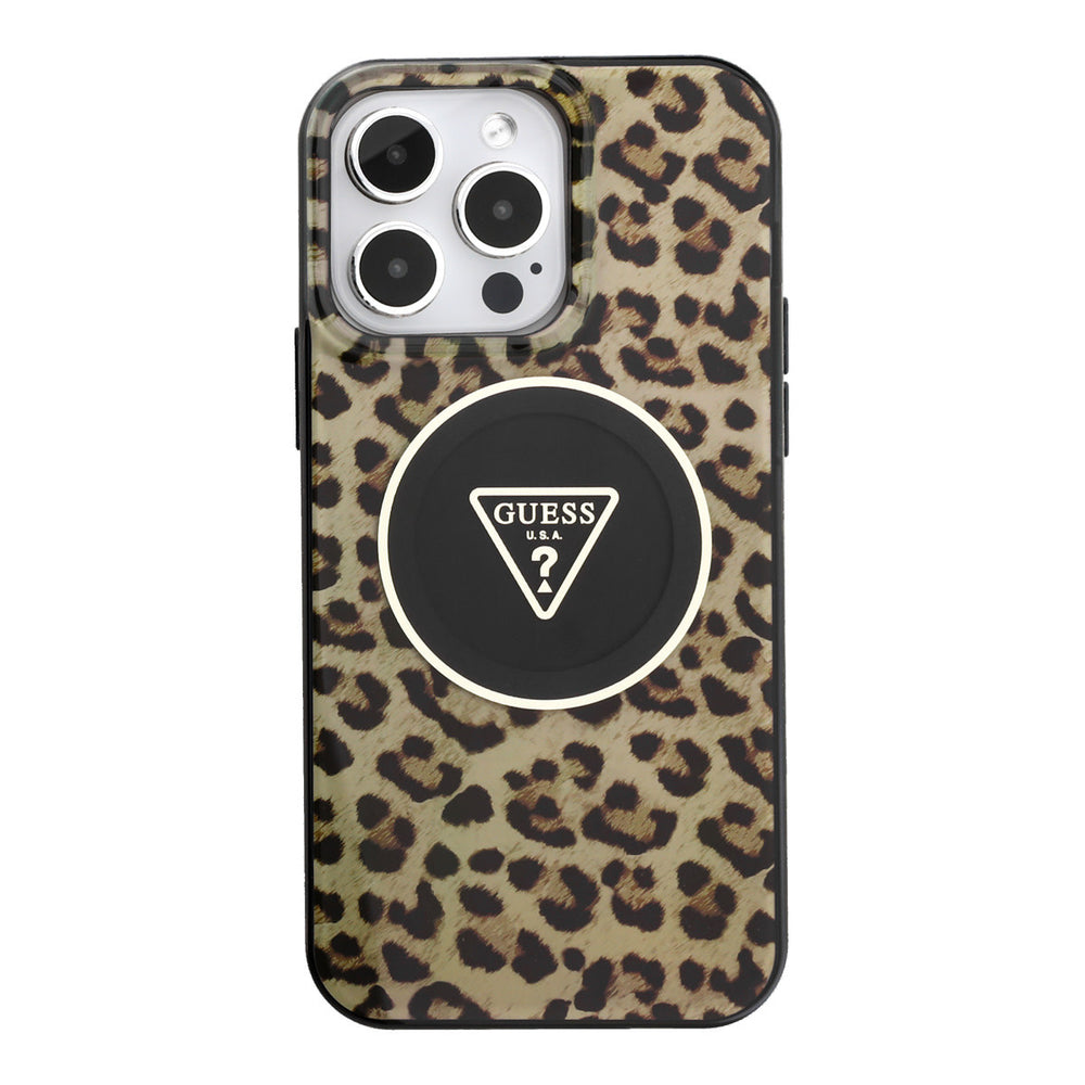 Bruin Guess telefoonhoesje met luipaardprint en driehoekslogo, van achteren