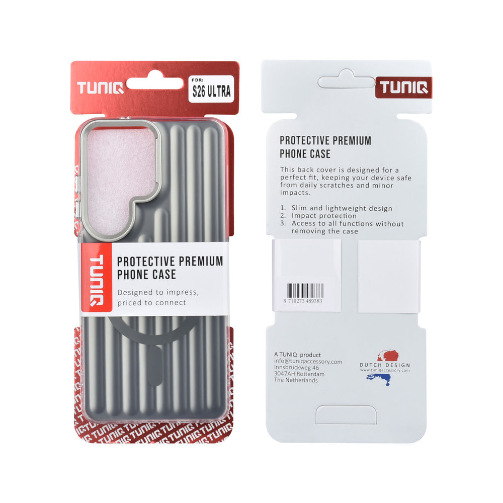 Voor- en achterkant van verpakking van zwart TUNIQ telefoonhoesje met verticale ribbels en ring