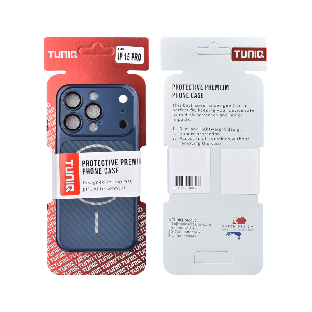 Voor- en achterkant van verpakking van blauw TUNIQ telefoonhoesje met diagonaal patroon en ring
