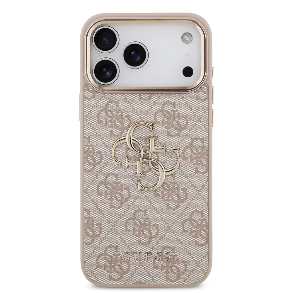 Lichtgekleurd Guess telefoonhoesje met 4G-patroon en groot goudkleurig logo, van achteren