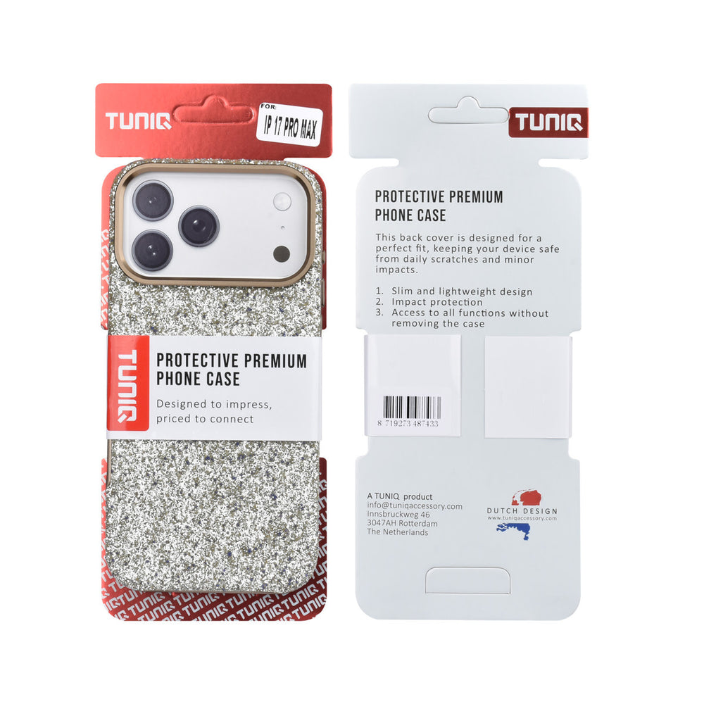 Voor- en achterkant van verpakking van tUNIQ telefoonhoesje met lichte glitters en goudkleurige rand
