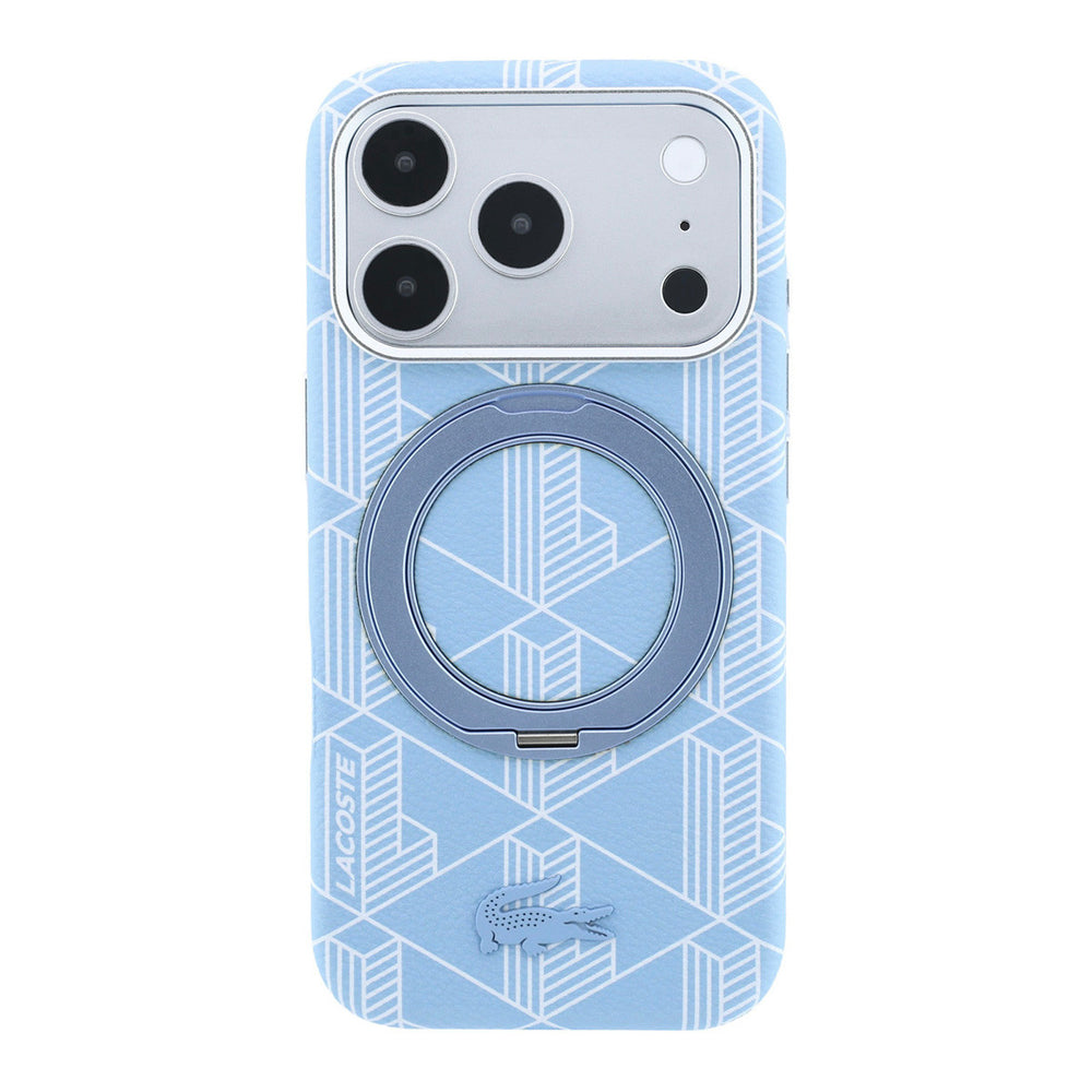 Lichtblauw Lacoste telefoonhoesje met geometrisch patroon met ingeklapte ringstandaard, van achteren