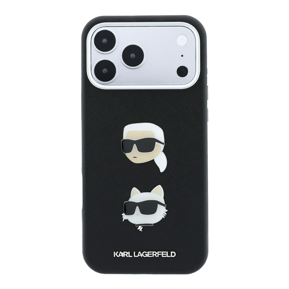 Zwart Karl Lagerfeld telefoonhoesje met hoofden van Karl en Choupette, van achteren
