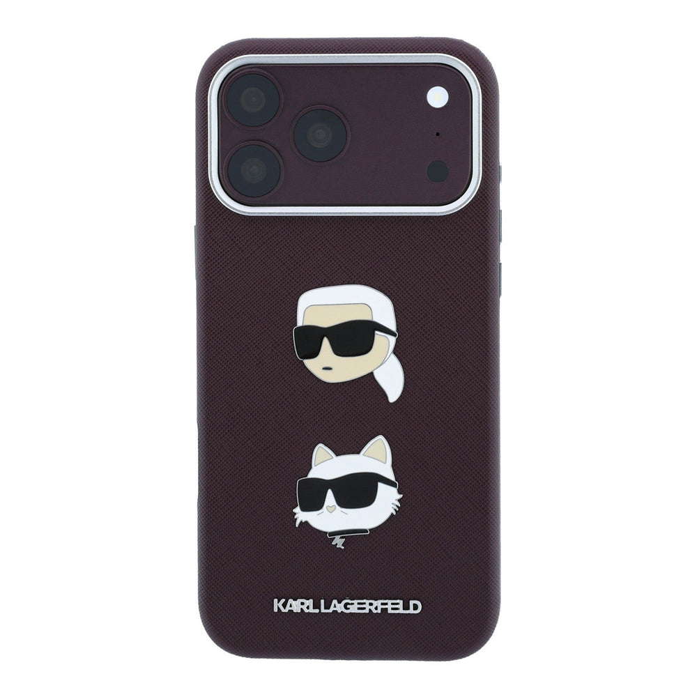 Bordeauxkleurig Karl Lagerfeld telefoonhoesje met hoofden van Karl en Choupette, van achteren