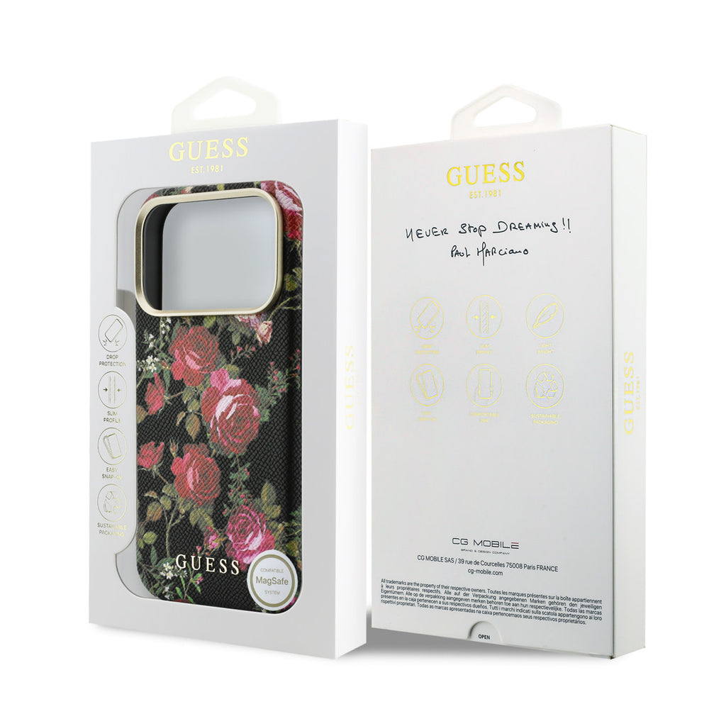 Voor- en achterkant van verpakking van zwart Guess telefoonhoesje