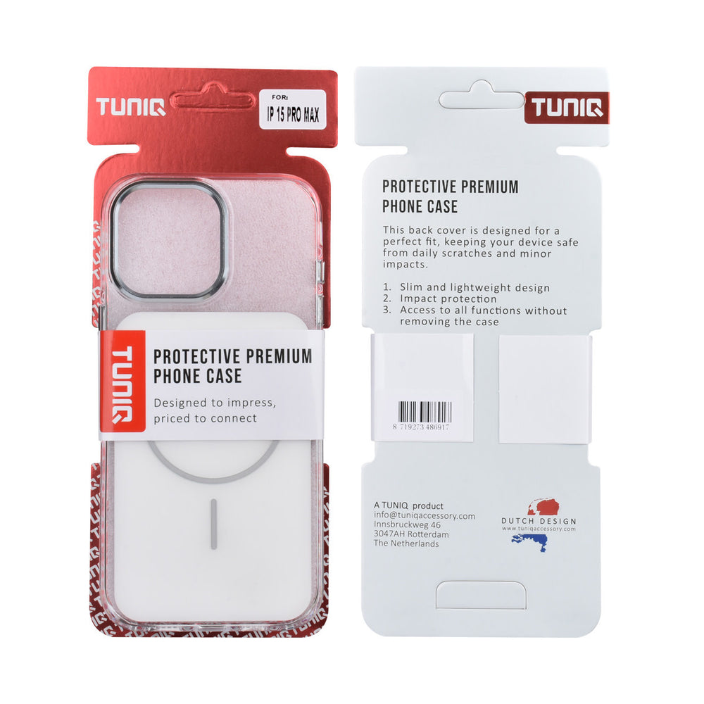 Voor- en achterkant van verpakking van wit TUNIQ telefoonhoesje met witte ring