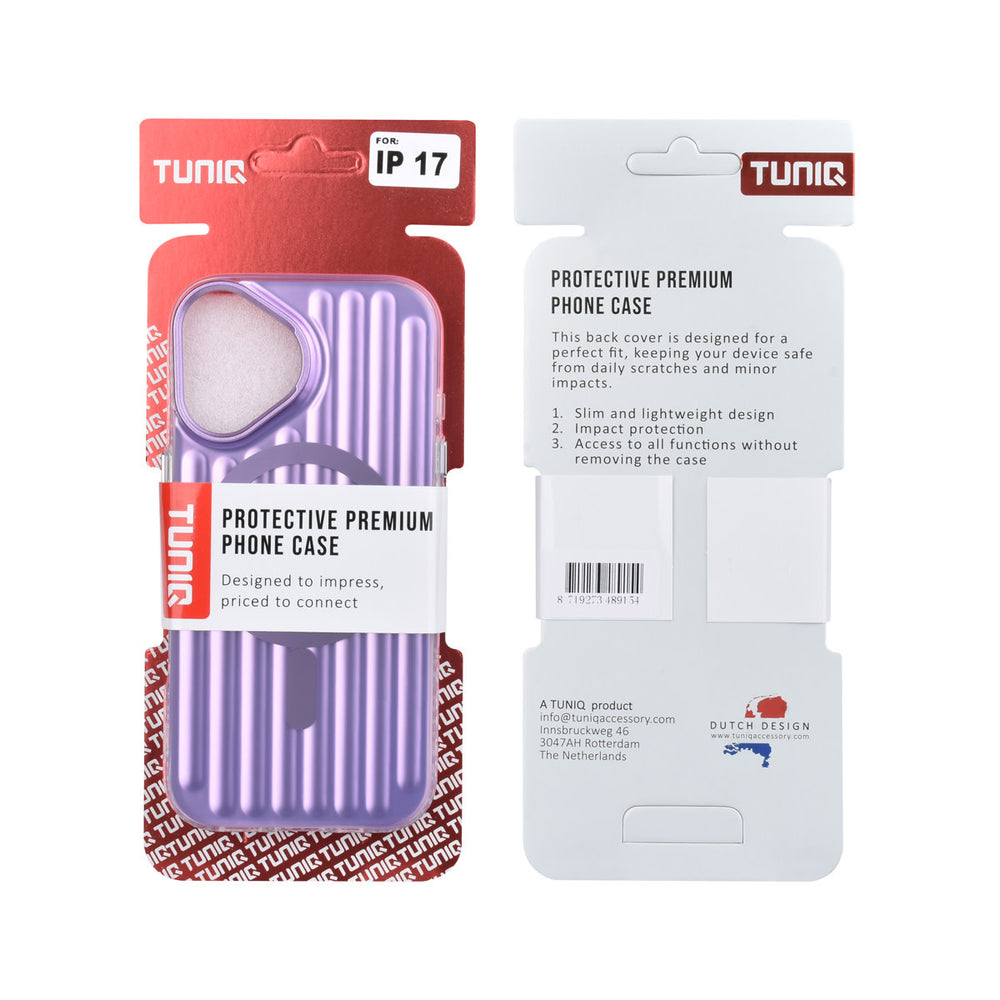 Voor- en achterkant van verpakking van paars TUNIQ telefoonhoesje met verticale ribbels en ring