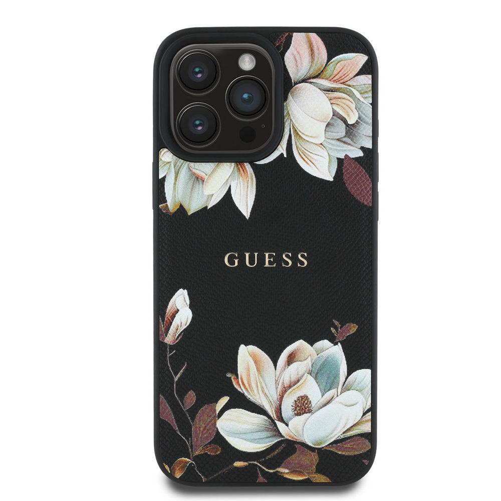 Zwart Guess telefoonhoesje met witte bloemen en klassiek logo, van achteren