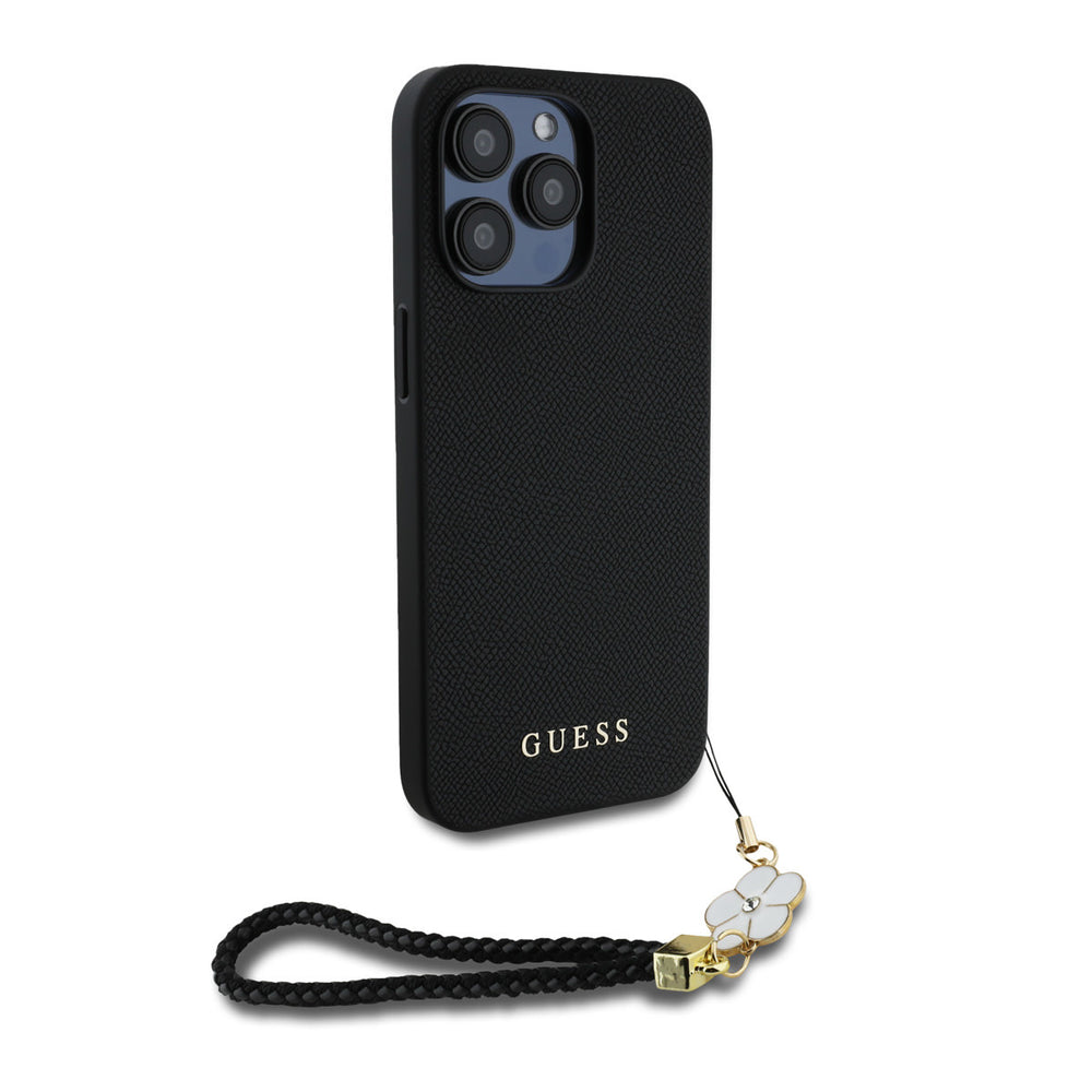 Zwart Guess telefoonhoesje met polskoord en bloemvormige hanger, schuin van achteren