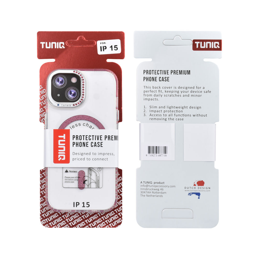 Voor- en achterkant van verpakking van transparant TUNIQ telefoonhoesje met roze glitterring en rand