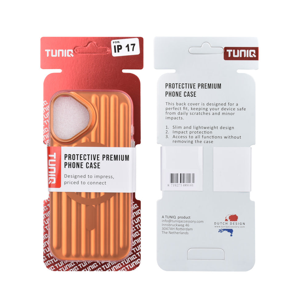 Voor- en achterkant van verpakking van oranje TUNIQ telefoonhoesje met verticale ribbels en ring