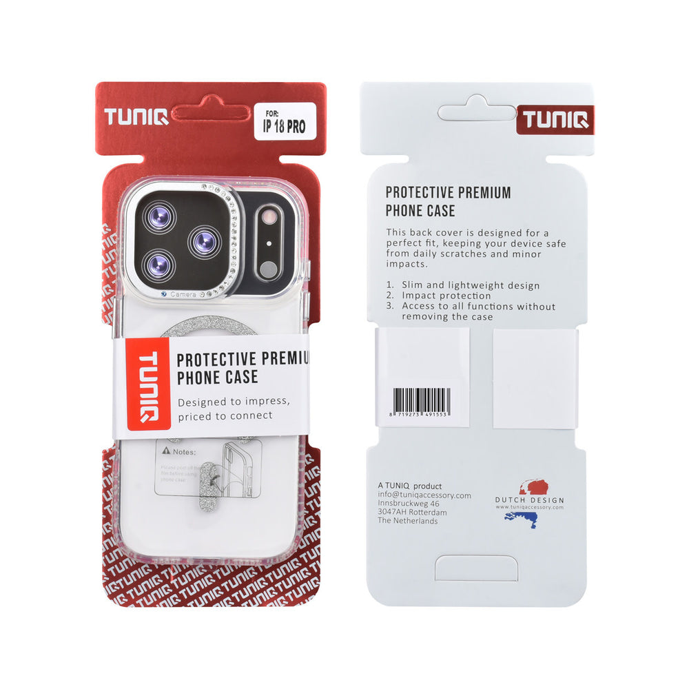 Voor- en achterkant van verpakking van transparant TUNIQ telefoonhoesje met zilverkleurige glitters langs de rand en gebogen ring