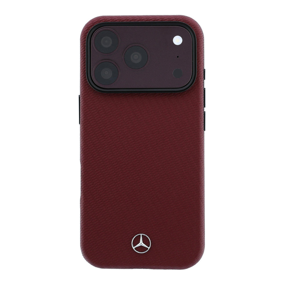 Bordeauxrood Mercedes-Benz telefoonhoesje met diagonaal patroon en Mercedes-logo, van achteren