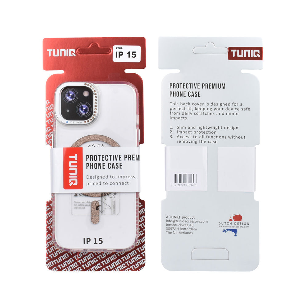 Voor- en achterkant van verpakking van transparant TUNIQ telefoonhoesje met goudkleurige glitterring en rand