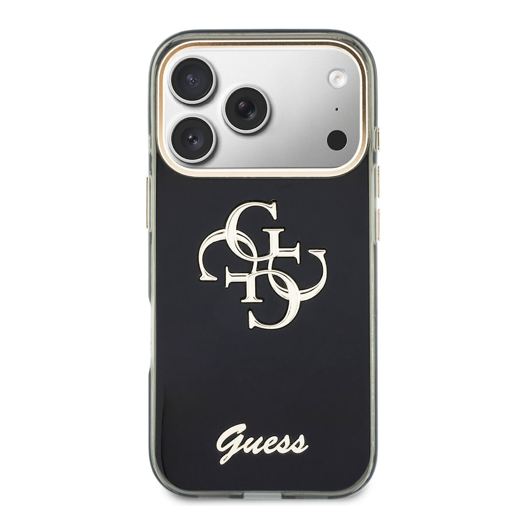 Zwart Guess telefoonhoesje met groot 4G-logo en goudkleurig schriftlogo, van achteren
