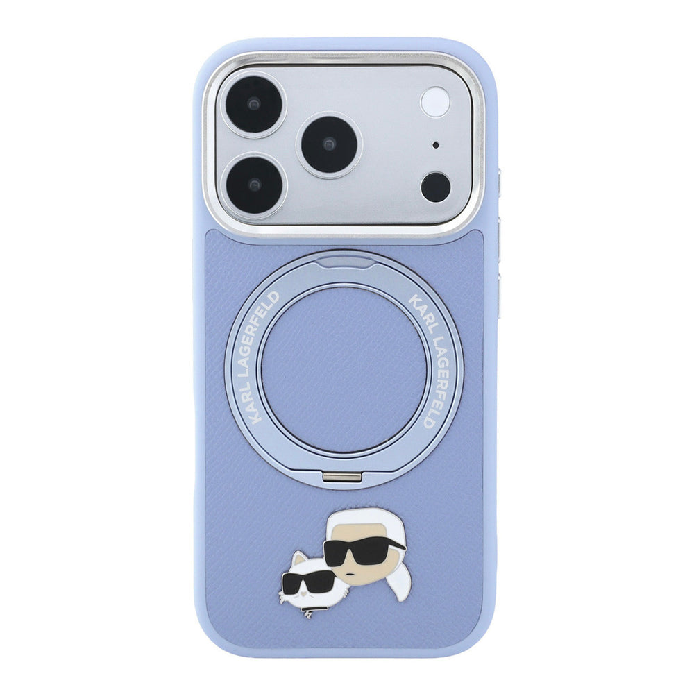Lichtblauw Karl Lagerfeld telefoonhoesje met hoofden van Karl en Choupette met ingeklapte ringstandaard, van achteren