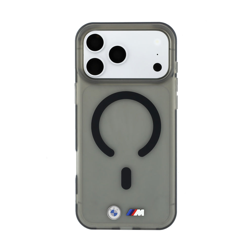 Grijsgroen BMW telefoonhoesje met zwarte ringmarkering en M-logo, van achteren