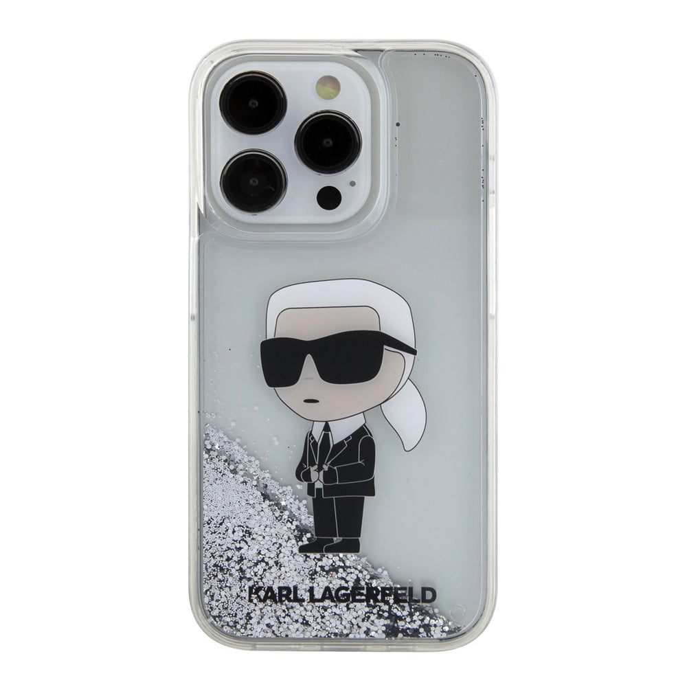 Transparant Karl Lagerfeld telefoonhoesje met zilverkleurige glitters en Karl-figuur, van achteren