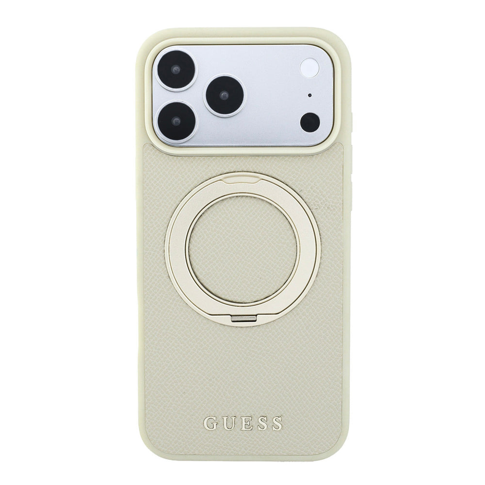 Beige Guess telefoonhoesje met ingeklapte ringstandaard, van achteren