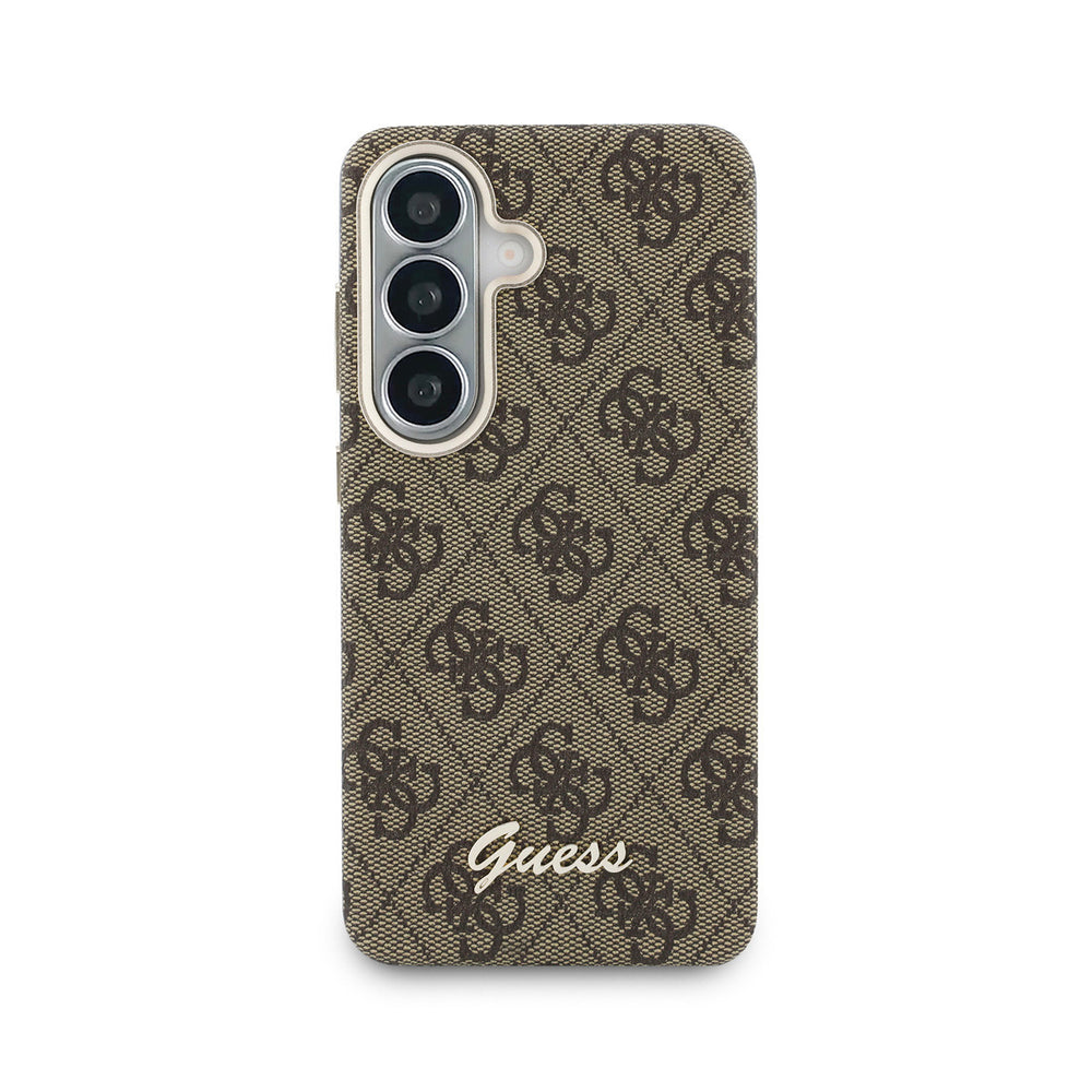 Bruin Guess telefoonhoesje met 4G-patroon en goudkleurig schriftlogo, van achteren