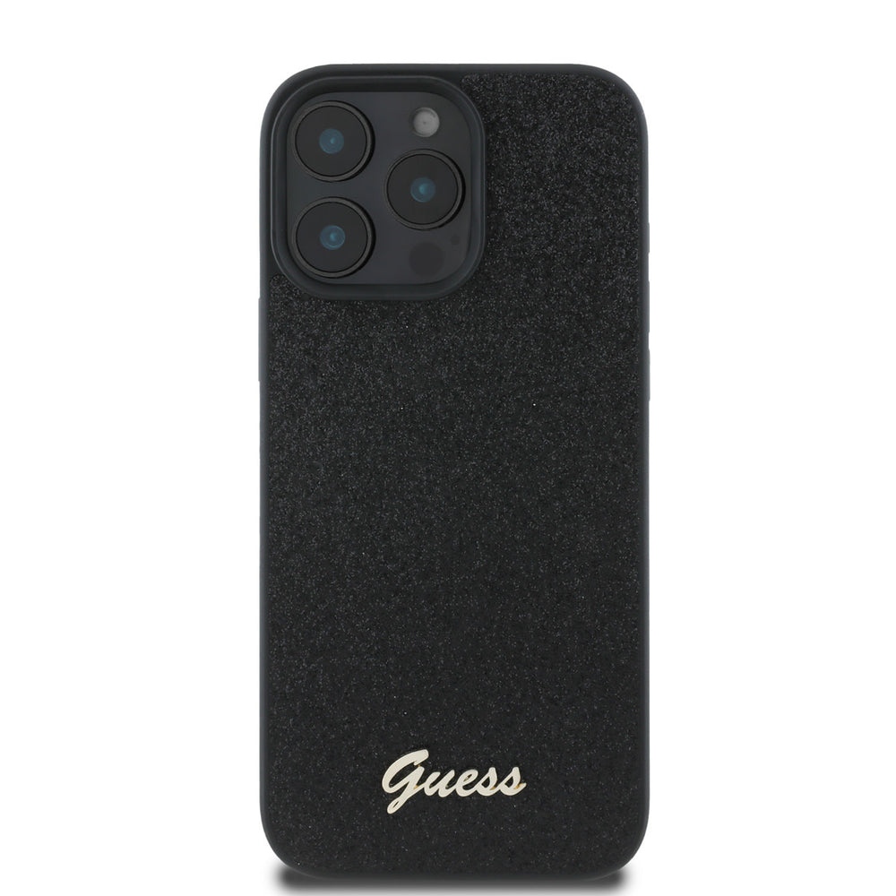 Zwart Guess telefoonhoesje met glitters en goudkleurig schriftlogo, van achteren