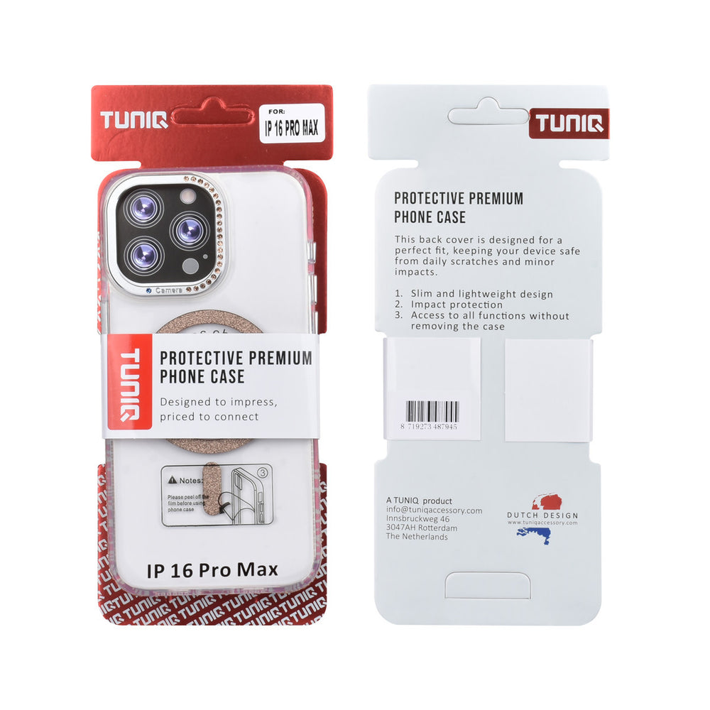Voor- en achterkant van verpakking van transparant TUNIQ telefoonhoesje met goudkleurige glitterring en rand