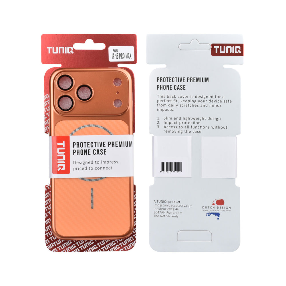 Voor- en achterkant van verpakking van oranje TUNIQ telefoonhoesje met diagonaal patroon en ring