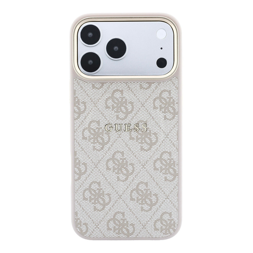 Lichtgekleurd Guess telefoonhoesje met 4G-patroon en klassiek logo, van achteren
