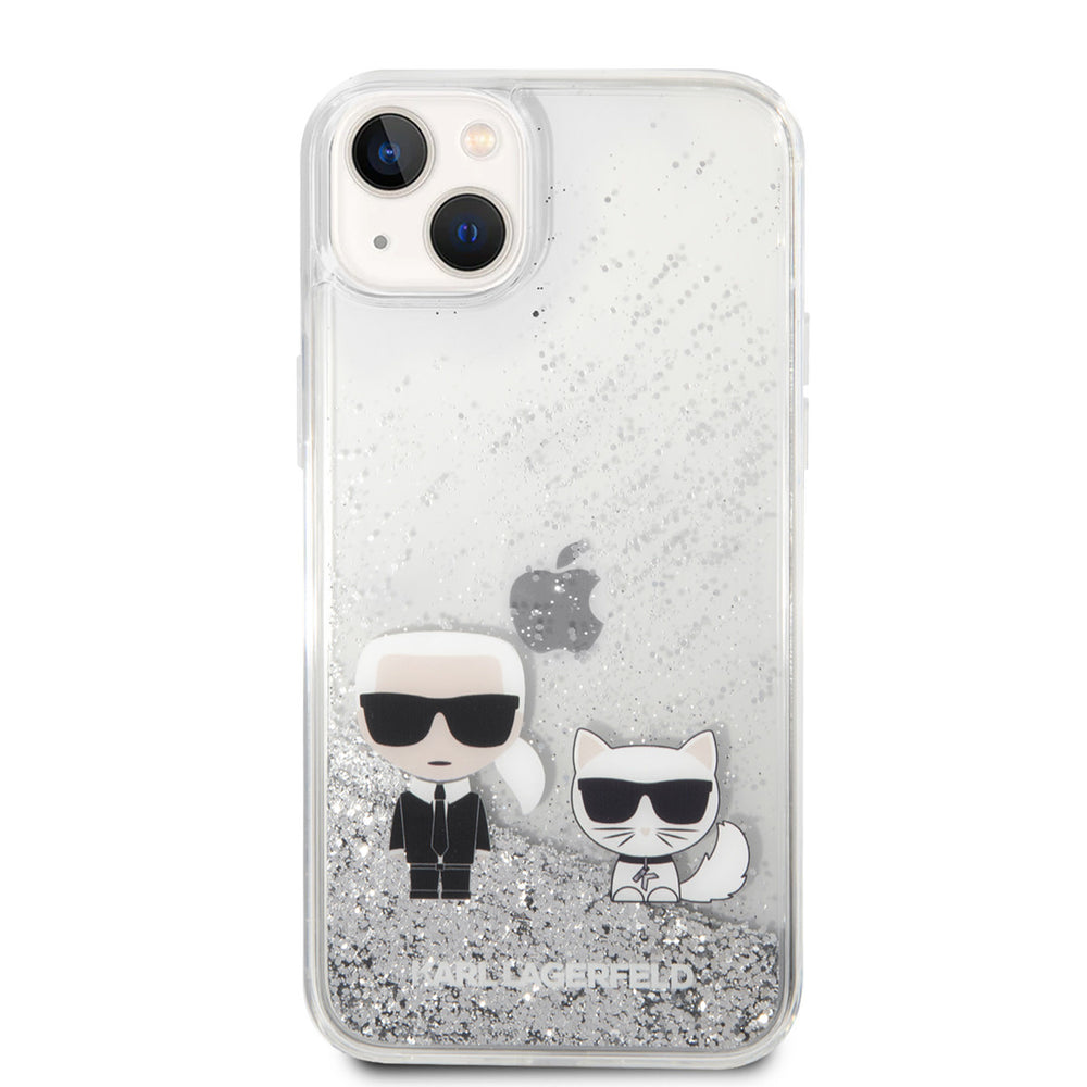 Transparant Karl Lagerfeld telefoonhoesje met zilverkleurige glitters, Karl en Choupette, van achteren