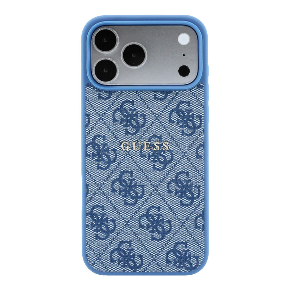 Blauw Guess telefoonhoesje met 4G-patroon en schriftlogo, van achteren