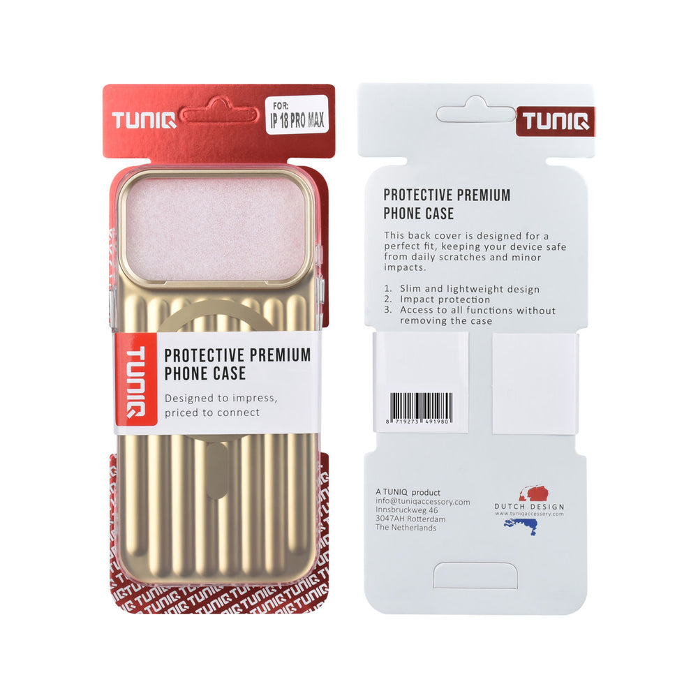 Voor- en achterkant van verpakking van goudkleurig TUNIQ telefoonhoesje met verticale ribbels en ring