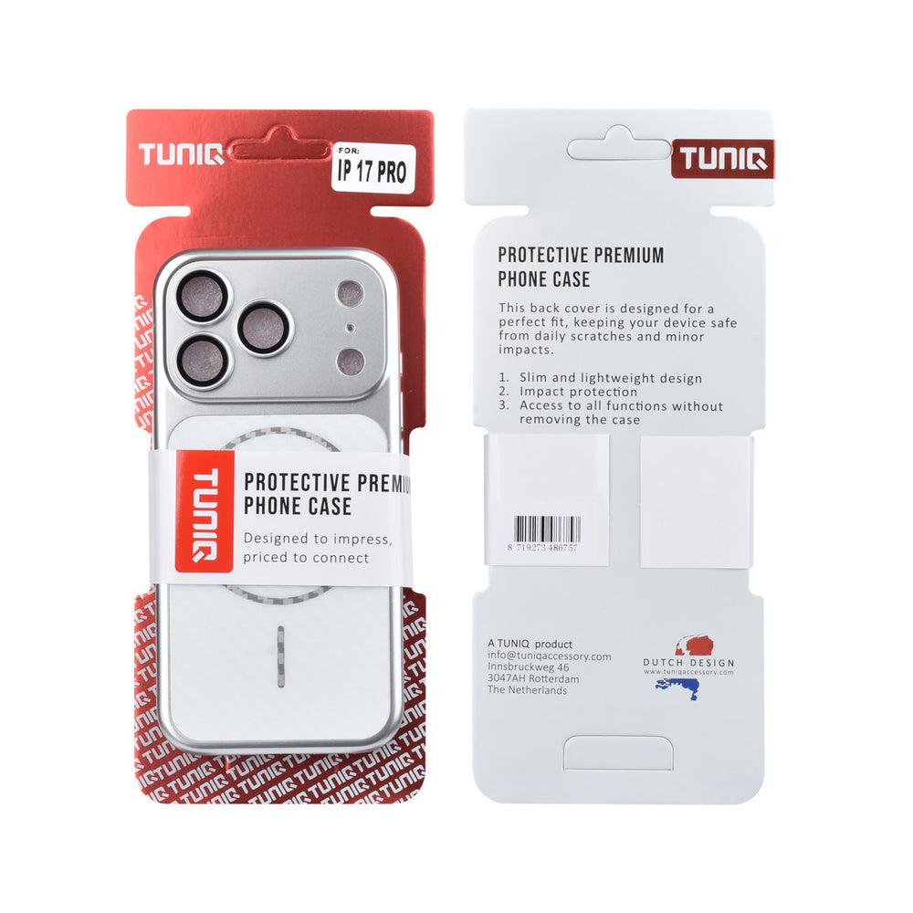 Voor- en achterkant van verpakking van zilverkleurig TUNIQ telefoonhoesje met diagonaal patroon en ring