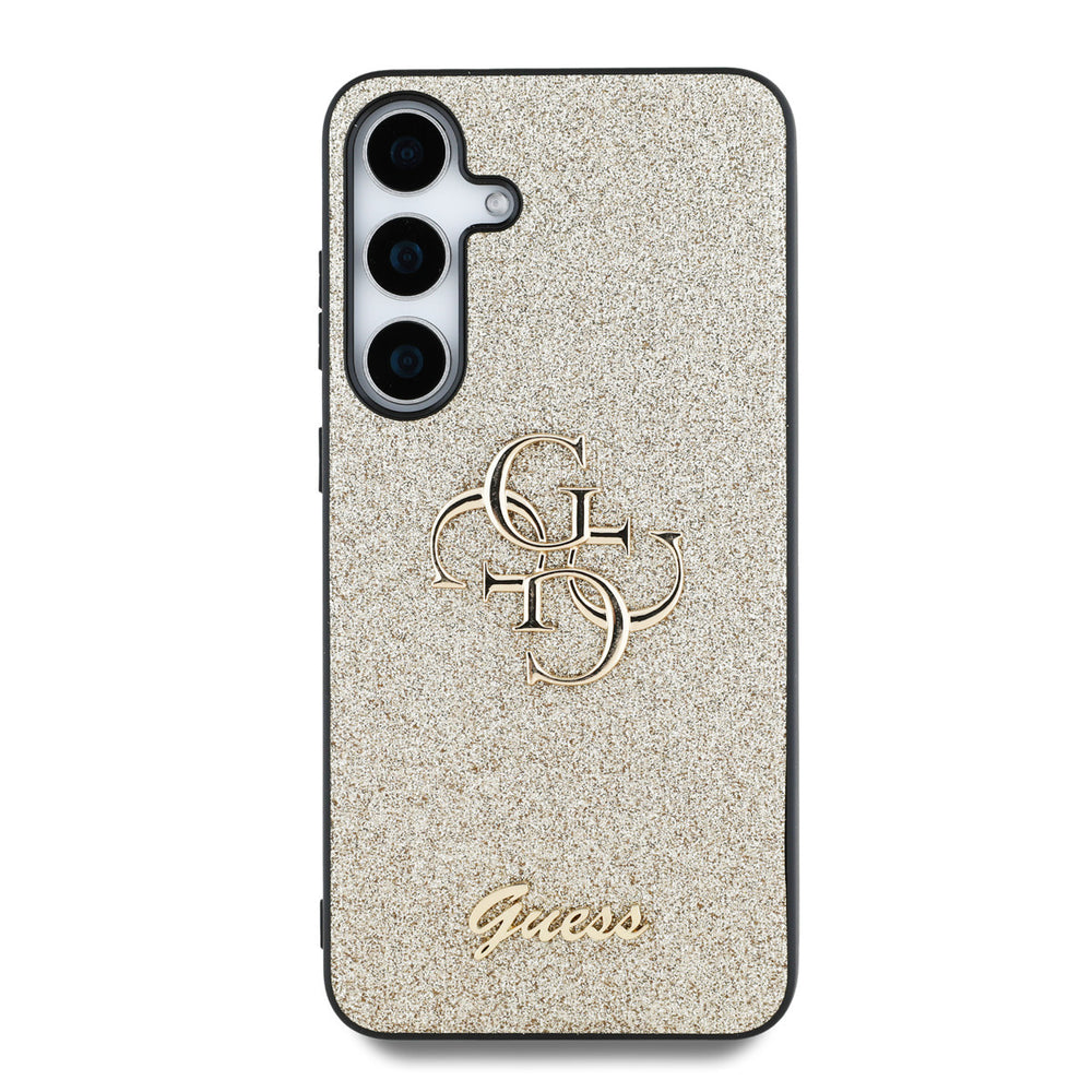 Goudkleurig Guess telefoonhoesje met glitters, 4G-logo en schriftlogo, van achteren