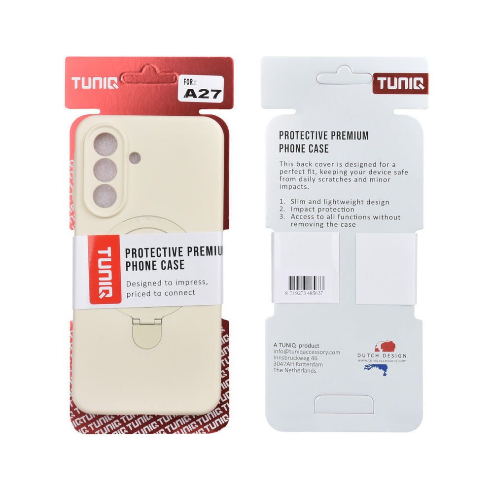 Voor- en achterkant van verpakking van crèmekleurig TUNIQ telefoonhoesje met ringstandaard