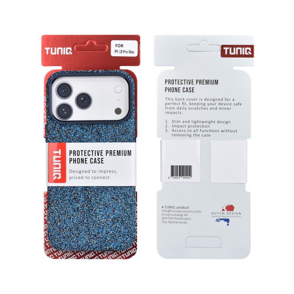 Voor- en achterkant van verpakking van blauw TUNIQ telefoonhoesje met glitters