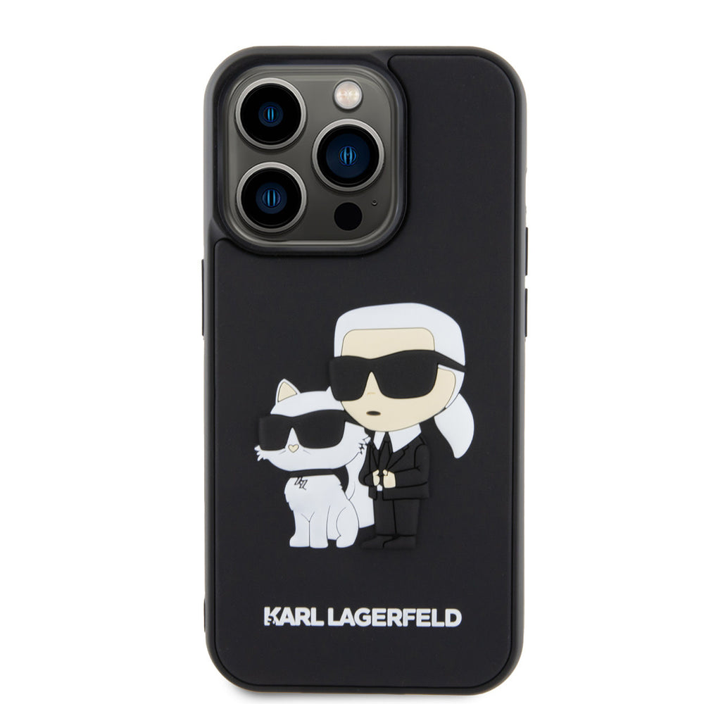 Zwart Karl Lagerfeld telefoonhoesje met figuren van Karl en Choupette, van achteren