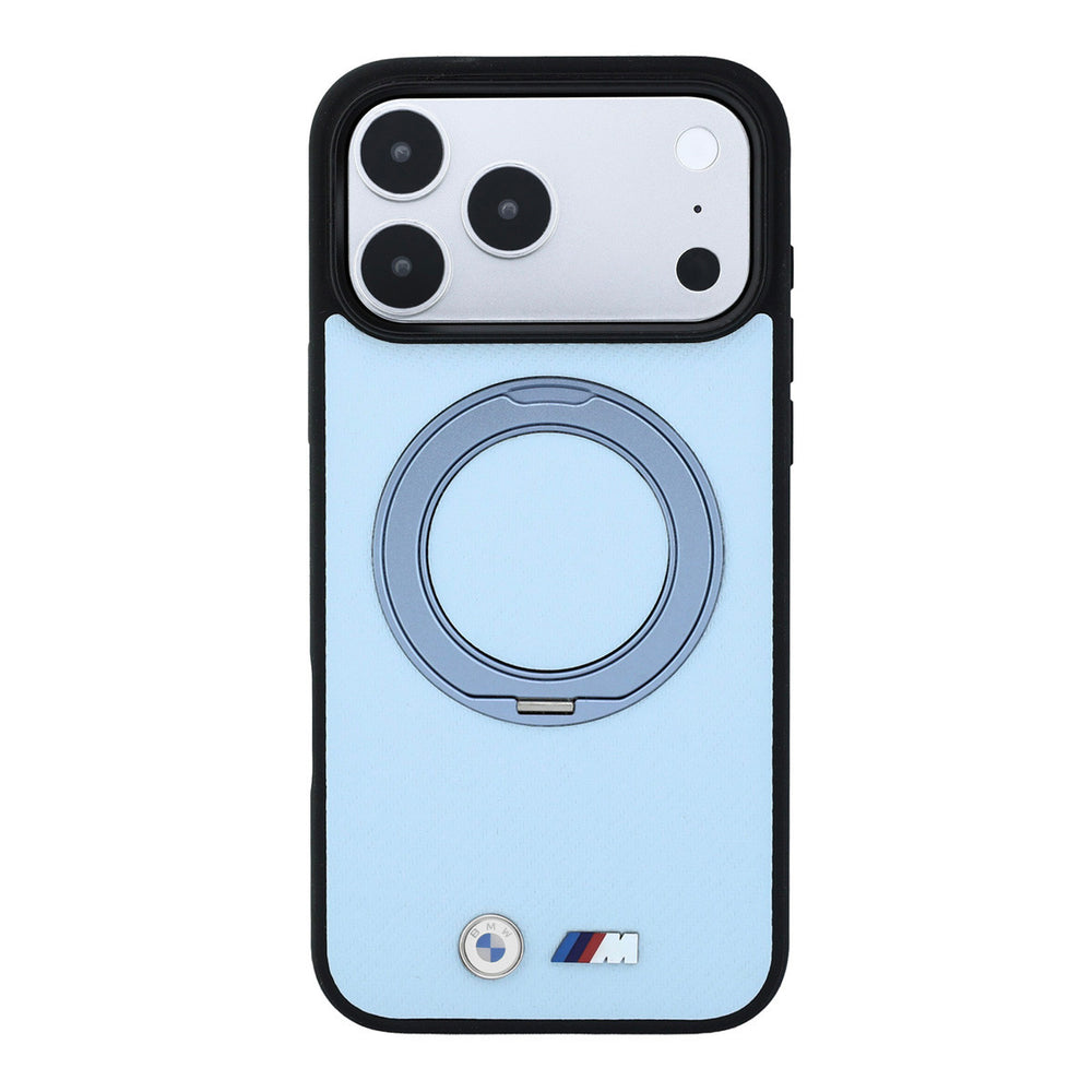 Lichtblauw BMW telefoonhoesje met zwarte rand en M-logo met ingeklapte ringstandaard, van achteren