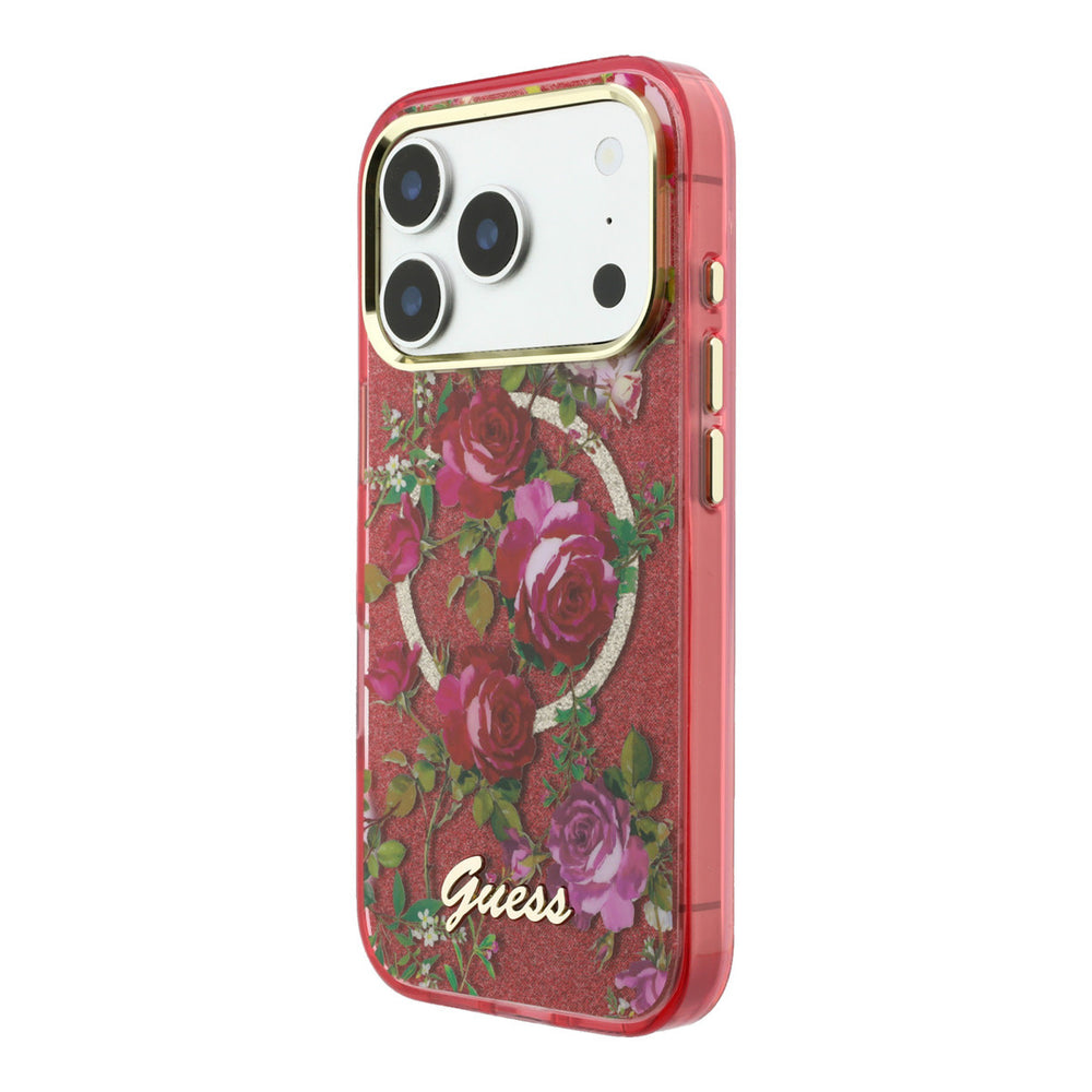 Rood Guess telefoonhoesje met rozenprint, glitters, ring en schriftlogo schuin van achteren