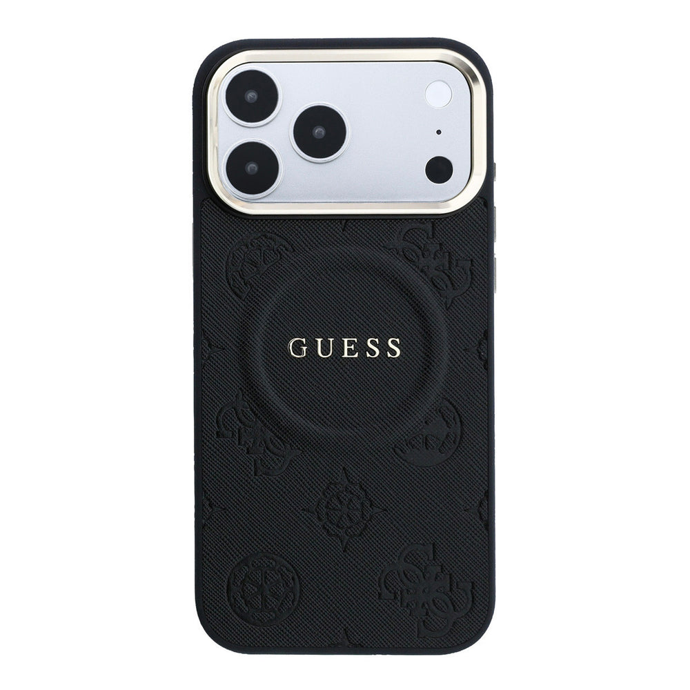 Zwart Guess telefoonhoesje met bloemenpatroon en rond logo, van achteren