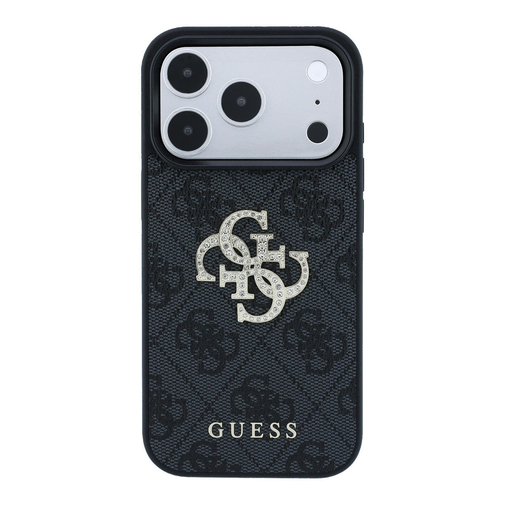 Zwart Guess telefoonhoesje met 4G-patroon en groot strasslogo, van achteren
