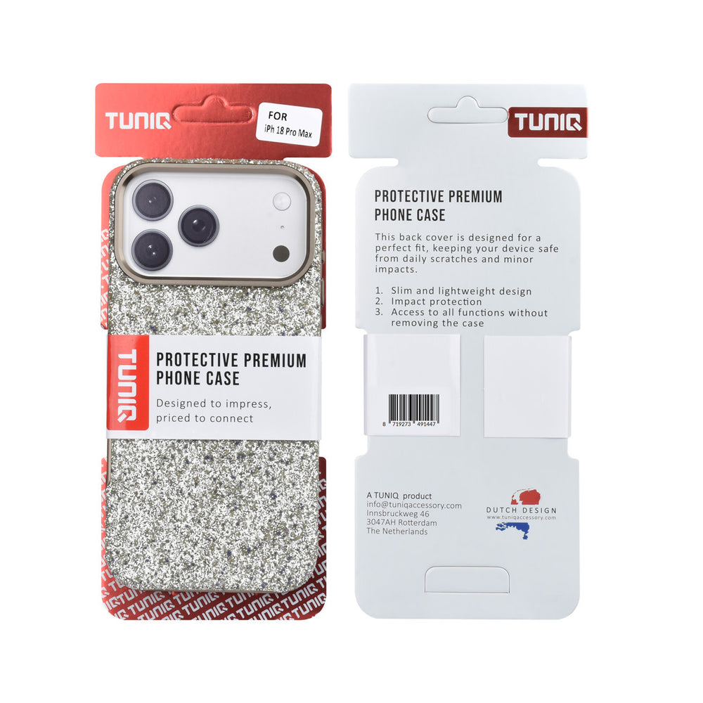 Voor- en achterkant van verpakking van tUNIQ telefoonhoesje met lichte glitters en goudkleurige rand