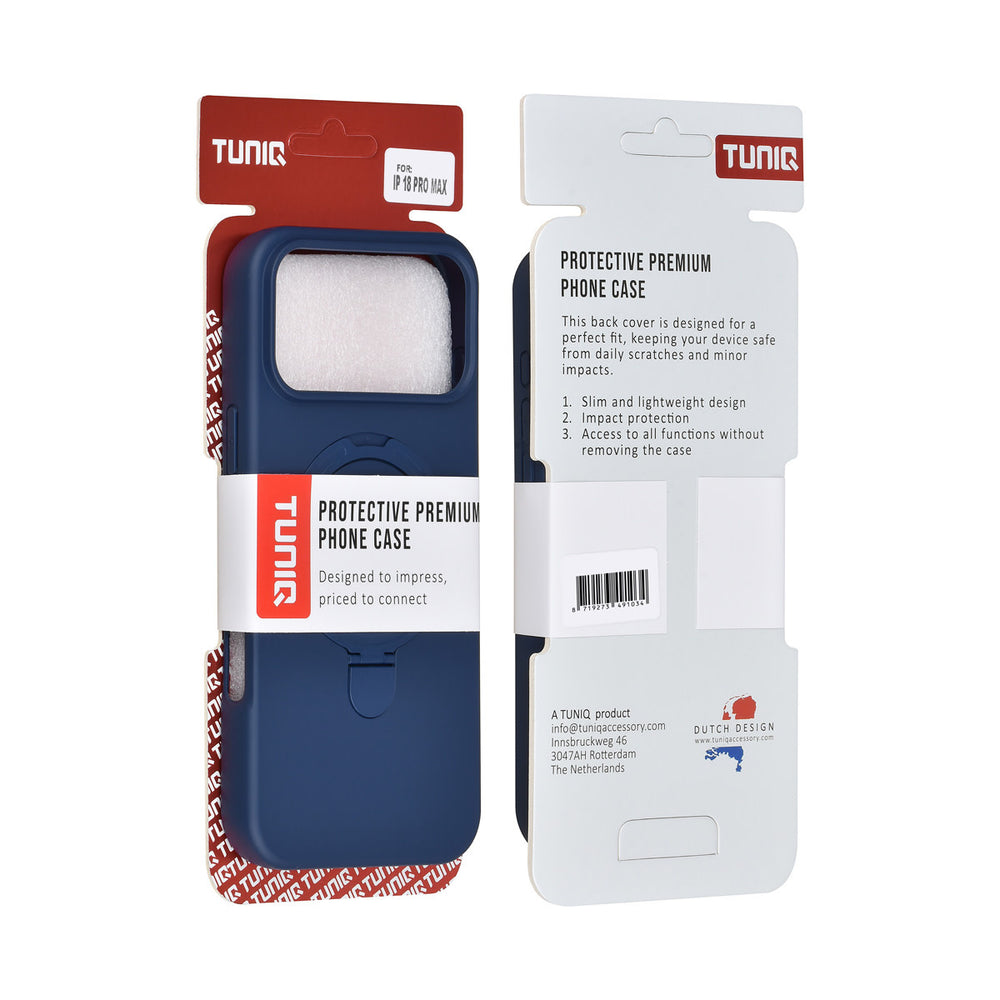 Voor- en achterkant van verpakking van donkerblauw TUNIQ telefoonhoesje met ringstandaard