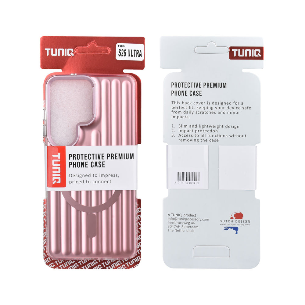 Voor- en achterkant van verpakking van roze TUNIQ telefoonhoesje met verticale ribbels en ring