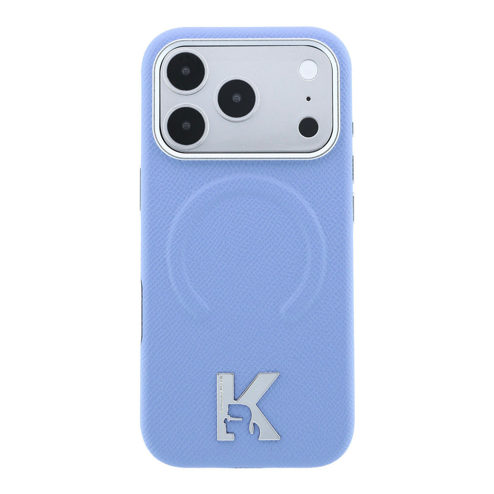 Lichtblauw Karl Lagerfeld telefoonhoesje met ingedrukt ringpatroon en K-logo, van achteren