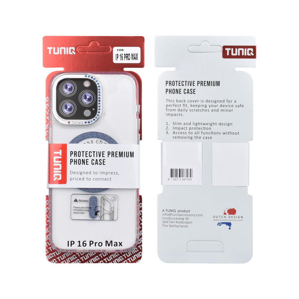 Voor- en achterkant van verpakking van transparant TUNIQ telefoonhoesje met blauwe glitterring en rand