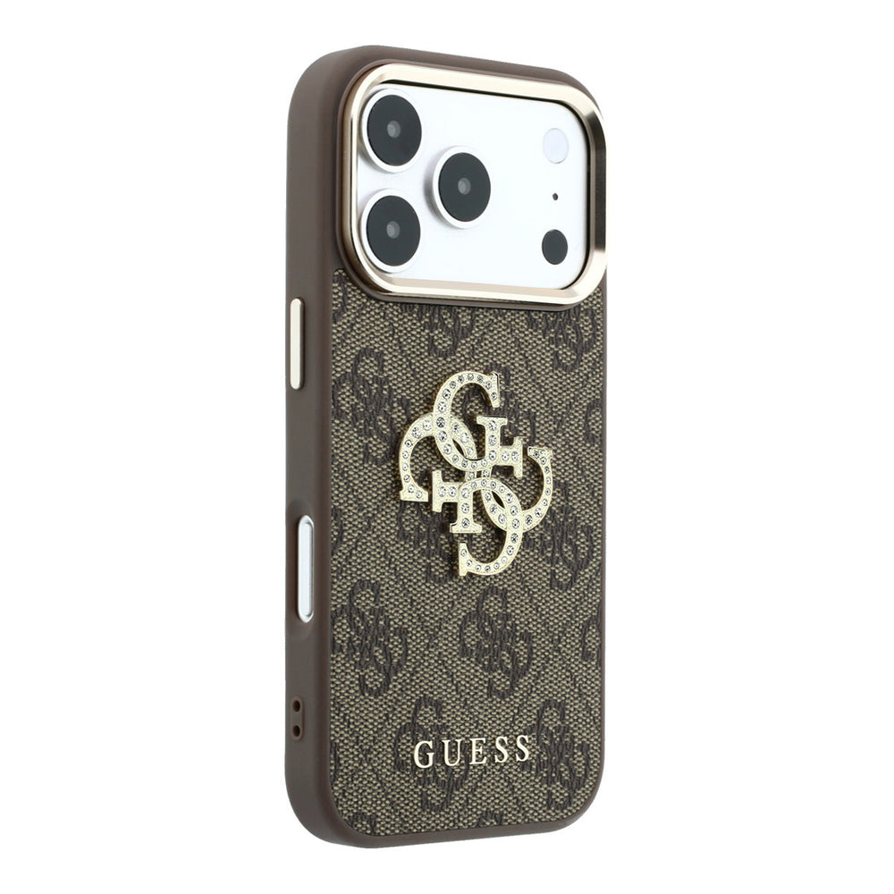 Leeg bruin Guess telefoonhoesje met 4G-patroon en groot strasslogo met camera-uitsparing