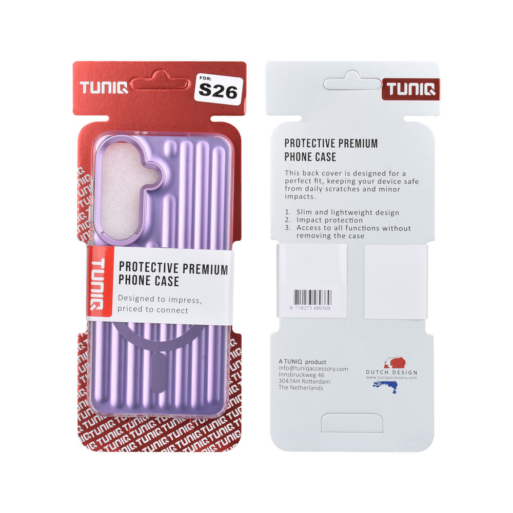 Voor- en achterkant van verpakking van paars TUNIQ telefoonhoesje met verticale ribbels en ring