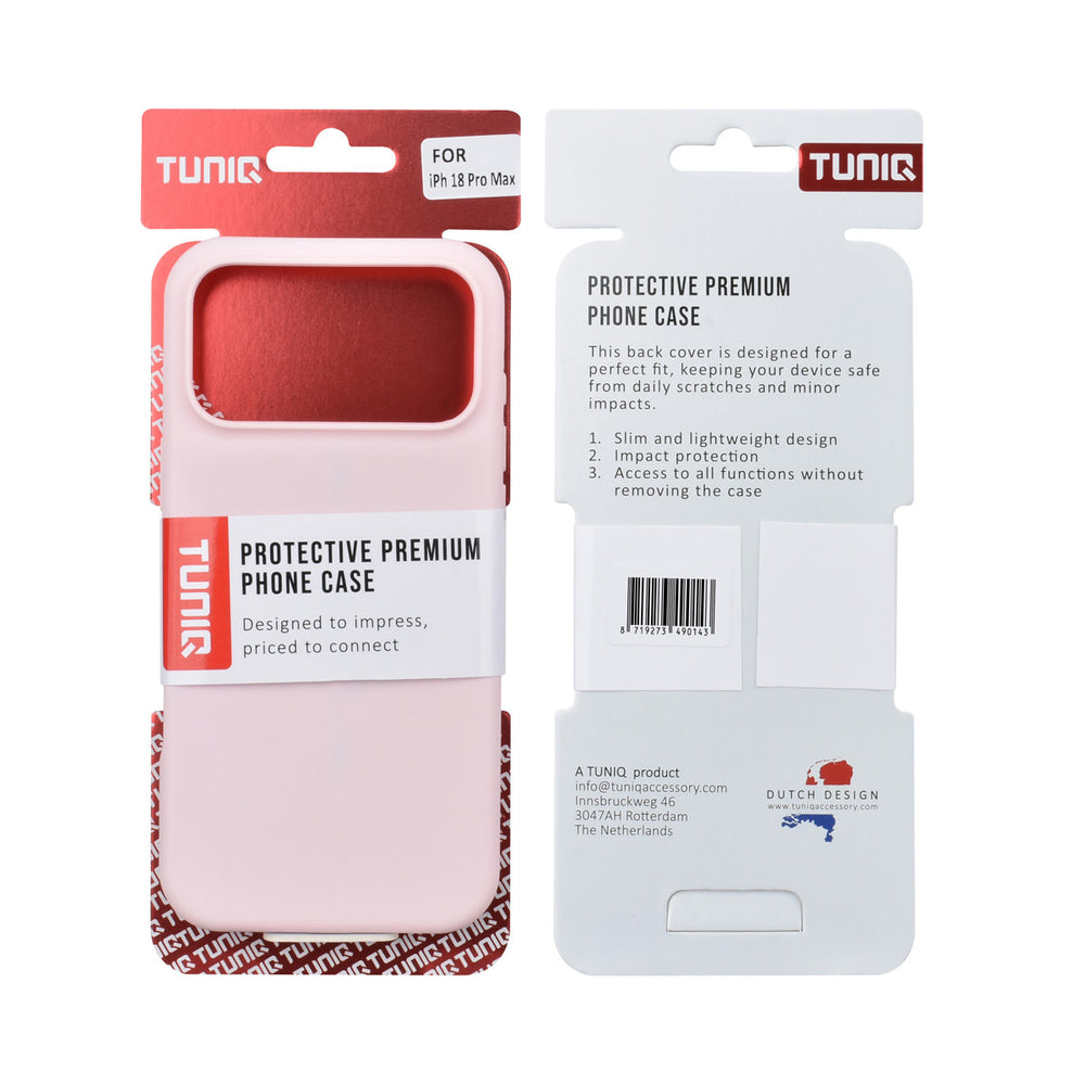 Voor- en achterkant van verpakking van roze TUNIQ telefoonhoesje